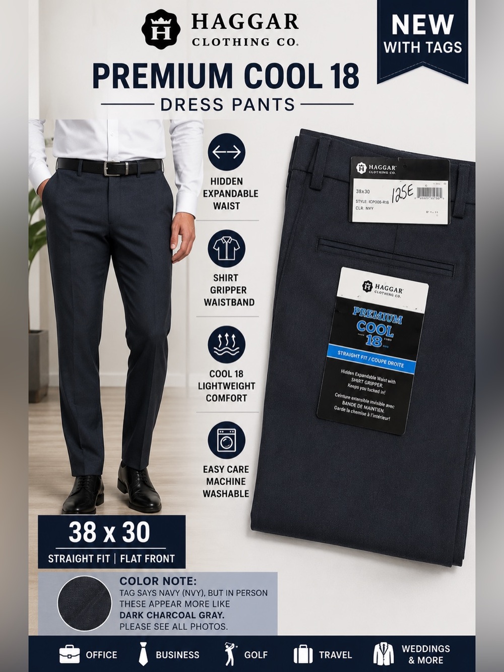 NEW Haggar Premium Cool 18 Dress Pants 38x30 Navy Straight Fit Expandable Waist